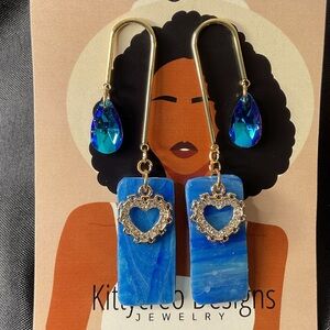 Blue and Gold Heart Drop Artisan Earrings
